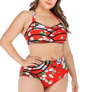 Womens orange floral high waist bikini swimsuit swimwear bathing suit, Sz XL(14)